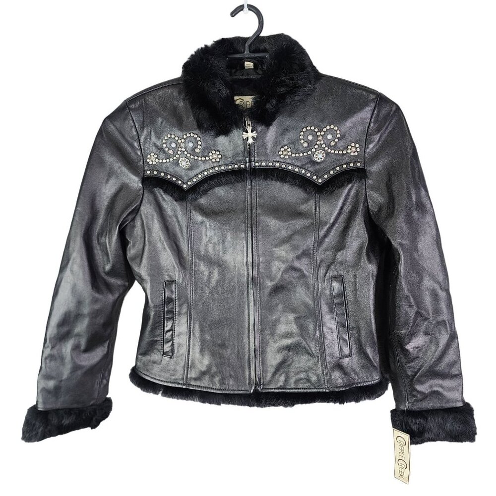 Womens Black Cripple Creek Studded Leather Jacket w/ Faux Fur Full Zip Size L